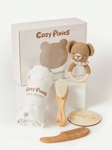 Cozy Pixies Set de 5 artículos esenciales para bebé, adecuado para todas las estaciones - 1 manta de envolver con estampado de estrella, peine, cepillo, mordedor, tarjetas para recién nacidos, set de regalo para recién nacidos - Multicolor - Ver 12