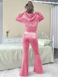SHEIN Tween Girl Velvet Rhinestone Pocket Hooded Zip-Up Sweatshirt & Flared Pants Casual Elegant 2 Pieces Set, Pink Tween Set, Girls Lounge Set, Girls Bell Bottom Set, Pink 2 Piece Set Fall Winter - Baby Pink - View 12