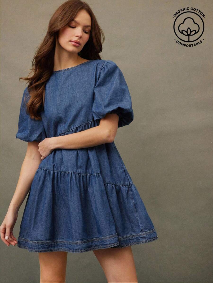 WESTFADE 泡泡袖荷叶边下摆牛仔迷你连衣裙 牛仔女装 - 中等水洗藍 - 查看 1