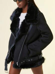 Aveloria Affinna Women's New Winter Faux Fur Leather Jacket, European And American Fashion Suede Fleece Motorcycle Coat, Thick Cotton Padded Fall Cloth For Women