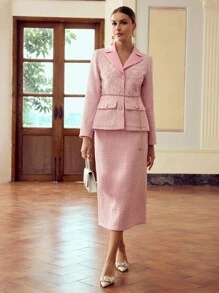 ZEYLAH 女士仿珍珠装饰翻领长袖外套和中长裙优雅两件套秋季女装 - 粉色 - 查看 6