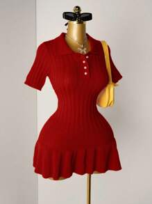 Mistrie 女式针织珍珠纽扣罗纹橙色褶皱迷你连衣裙，短袖性感紧身简约毛衣裙 - 酒紅色 - 查看 6