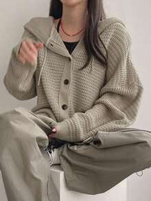 DAZY Áo khoác cardigan dáng rộng, có mũ trùm đầu, dây rút, màu trơn, thường ngày cho nữ, quần áo mùa thu - Màu Khaki - Xem 7