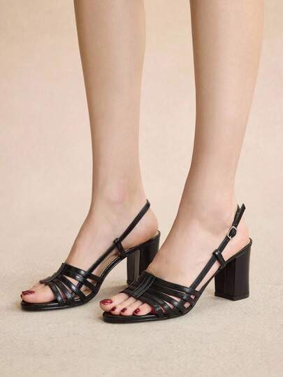 Rosivie 女士圆头粗跟镂空编织优雅百搭舒适假日罗马凉鞋，金色高跟凉鞋