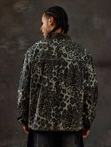 ROMWE MEN Street Life 豹纹休闲男士长袖口袋纽扣牛仔夹克 - 彩色 - 查看 3