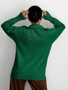 EURMUSE 女士纯色落肩长袖半襟休闲毛衣，秋冬 - 綠色 - 查看 2