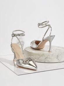 SHUZIA Zapatos de tacón alto con punta para mujer con decoraciones de pedrería para uso diario - Plateado - Ver 2