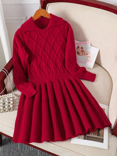 Vestido suéter jacquard casual versátil vermelho com gola alta e cintura alta, franzido e evasê, para meninas, adequado para uso urbano em ambientes internos/externos, outono/inverno