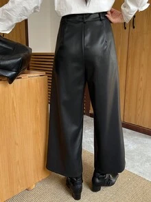 DAZY 女款寬腿九分 PU 皮革街頭休閒長褲 - 黑色 - 查看 6