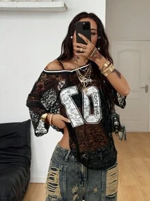 Coolane Women's Summer Festival Going Out  Streetwear Western Wear Game Day Y2K Gyaru Lace Number Pattern Black Oversized Jersey T-Shirt Black Lace Top - Black - View 5