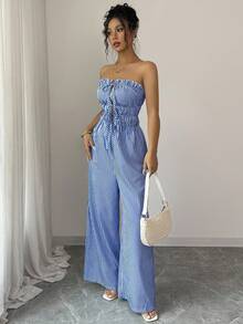 Elenzga 女士荷叶边条纹前系带阔腿休闲连体裤 - 随机花卉图案 - 藏蓝色 - 查看 6