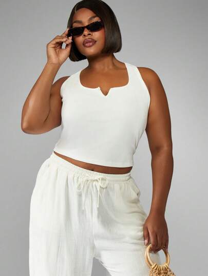 MISSGUIDED PLUS Plus Size Square Neck Crop Tank Top Sleeveless Ribbed Summer Casual Basic Fitted Essential White Cotton Blend Stretch Knit Vest