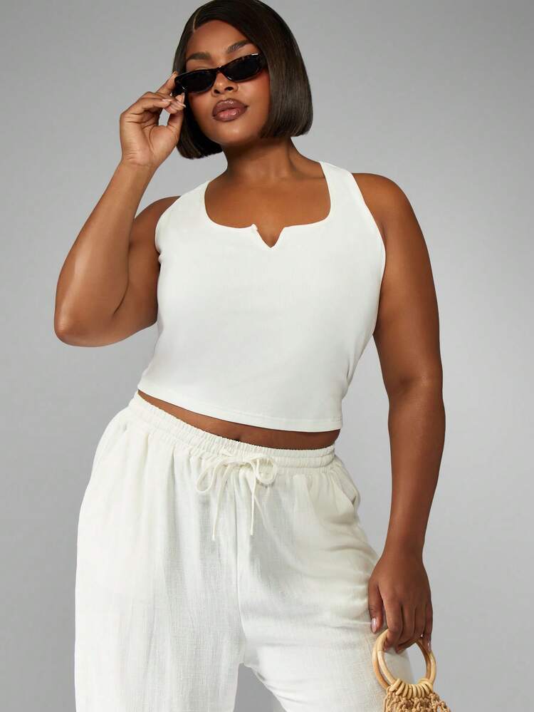 MISSGUIDED Plus Size Square Neck Crop Tank Top Sleeveless Ribbed Summer Casual Basic Fitted Essential White Cotton Blend Stretch Knit Vest