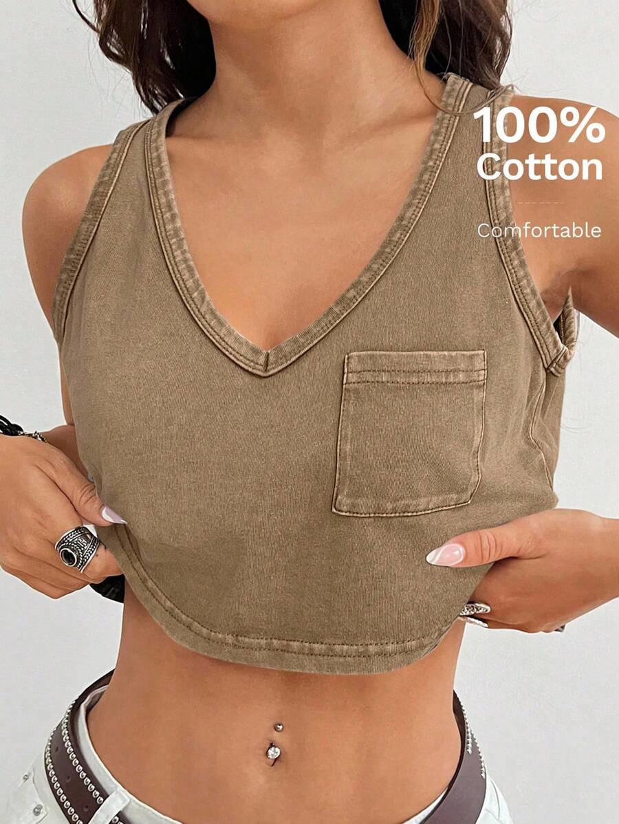 SHEIN EZwear 女式短款 V 领口袋背心 - 摩卡棕 - 查看 1