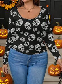 EMERY ROSE Áo thun cổ tròn tay dài in hình đầu lâu tối giản phong cách Halloween thường ngày cỡ lớn dành cho nữ, mùa thu/xuân, trang phục Halloween, quần áo Halloween cỡ lớn mùa thu dành cho nữ - Nhiều màu - Xem 5