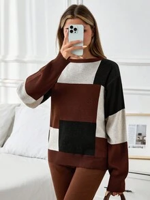 EURMUSE Petite Petite Size Color Block Detailed Casual Everyday Sweater Brown Sweater - Multicolor - View 4