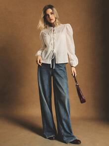 Poéselle White Eyelet Lace Tie-Front Puff-Sleeve Blouse , Romantic Cottagecore Statement Top, Eyelet Blouse, Tie Front Top, Puff Sleeve Blouse, White Lace Shirt, Cottagecore, Vintage Inspired Top, Feminine Fall Look, Boho Chic Blouse, Women's Floral Embroidery Front Tie Lantern Sleeve Casual Shirt, Simple And Fashionable, Suitable For Daily Wear, Going Out, Commuting, Dating, Home And Other Occasions - White - View 2