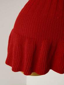 Mistrie 女式针织珍珠纽扣罗纹橙色褶皱迷你连衣裙，短袖性感紧身简约毛衣裙 - 酒紅色 - 查看 3