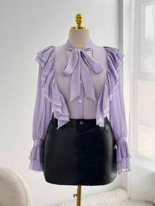 Sweetra Plus Size Women's Elegant Romantic Ruffle V-Neck Long Sleeve Front Button Bowknot Poet Blouse, Spring/Autumn - Purple - View 3
