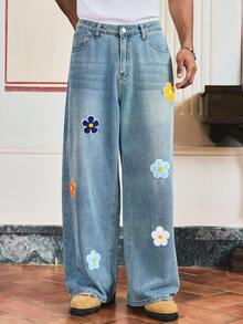 SWAVVY Quần jean ống loe siêu nhỏ nhuộm màu xanh nhạt thêu hoa cổ điển, dành cho cả nam và nữ - Rửa nhẹ - Xem 5