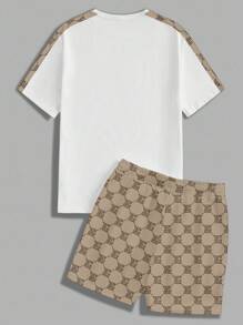 Chillumni Khaki Monogram Diamond Jacquard Contrast Shoulder Splice Casual Printed Men's Standard Fit Short Sleeve T-Shirt And Shorts Set