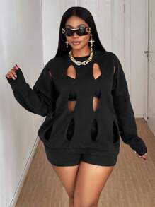 Maweii Plus Size Casual Solid Color Hollow Knit Sweater And Shorts Set Fall Winter Cloth For Women Autumn - Black - View 3
