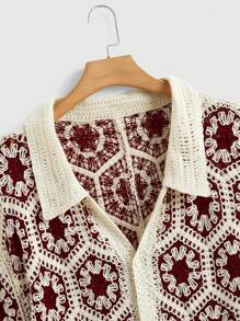 EASEVO Plus Size Men Floral Jacquard Short Sleeve Single-Breasted Casual Knit Cardigan , Fall Winter