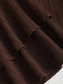 Sweetra 女士新款春夏适合海滩度假优雅纹理面料挂脖系带设计褶皱前部金属装饰分层荷叶边下摆俏皮迷你连衣裙 - 咖啡棕 - 查看 5