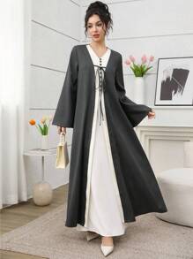 Yasmyna V领撞色二合一腰带长袖阿巴亚 - 深灰色 - 查看 7
