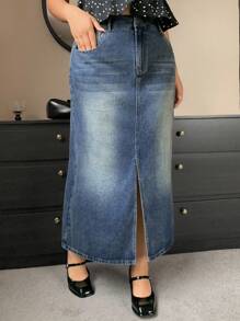 Dazy Plus Chân váy Maxi denim xẻ tà thẳng phía trước màu xanh nhạt, cỡ lớn, mùa thu - Rửa trung bình - Xem 4