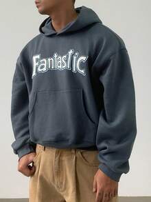 DAZY Herren Thermofutter Kurz-Hoodie mit Buchstaben-Stickerei, Streetwear Stil, Herbst/Winter - Blau - Übersicht 7