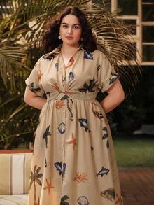 Anewsta Robe mi-longue d'été pour grandes tailles, nouvelle conception, vacances, imprimé, col V, taille vrillée - Voir 5