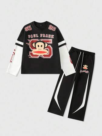 Paul Frank X ROMWE طقم ملابس علوية وبنطلون كاجوال للرجال مطبوع عليه حرف وقرد بألوان متباينة