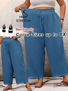 SHEIN CURVE+ 大码女式高腰宽松喇叭腿纯色荷叶边夏季裤，曲线加大，波西米亚度假风 - 藏蓝色 - 查看 1