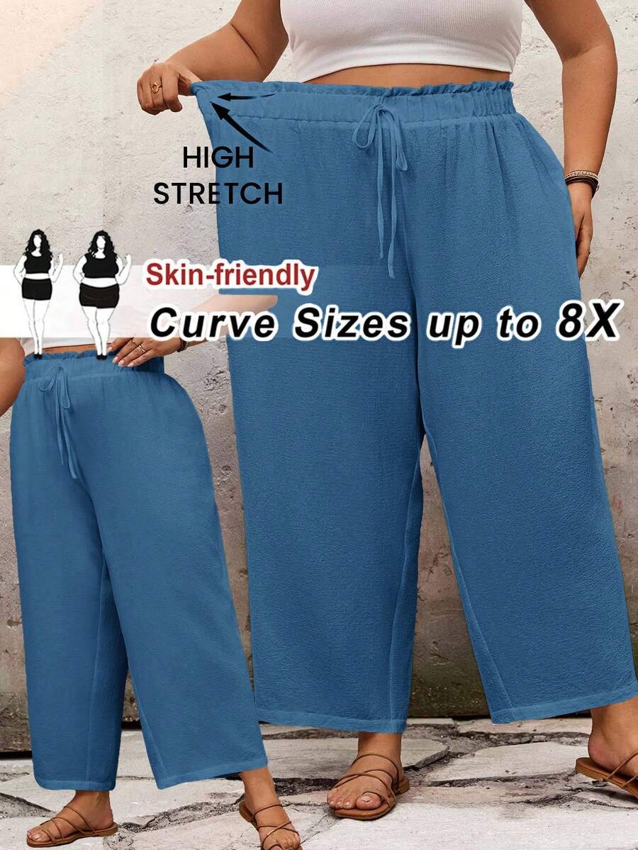 SHEIN CURVE+ 大码女式高腰宽松喇叭腿纯色荷叶边夏季裤,曲线加大,波西米亚度假风 - 藏蓝色 - 查看 1