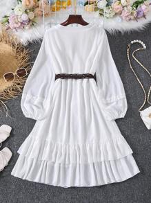 INAWLY Rochie de vacanță pentru femei, lungime medie, cu mânecă tip felinar, cu noduri, model de vacanță, culoare solidă, model cu noduri - alb - Vizualizare 2