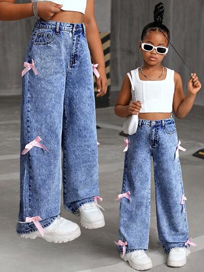 SHEIN Tween Girls Y2K Fashionabla Stonewashed Baggy Denim Raka Jeans Byxor med Rosettdekorerade Fickor, Flickor Höstkläder Tillbaka Till Skolan Outfits