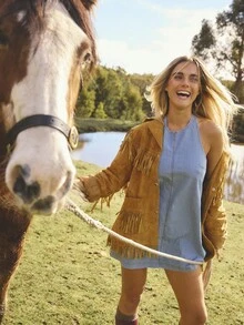 Aralina 女士时尚性感条纹印花扣露背挂脖牛仔连衣裙，夏季