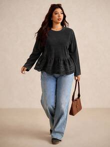 Elaquor Kaos Longgar Lengan Panjang Kasual Wanita Ukuran Besar dengan Hiasan Ruffle dan Patchwork, Musim Gugur - Hitam - View 5