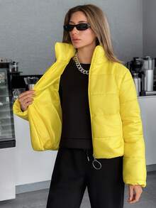 EURMUSE Women's Yellow Puffer Jacket – Bright Quilted Zip-Up Coat With Ring Pull, Warm Winter Outerwear Quilted Jacket Yellow Jacket Jacket Y2k - Yellow - View 5