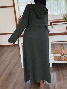 SHEIN Soft Knit Gauze Casual Hooded Loungewear Plus Size Robe, For Fall & Winter, Cozy Outfit - Dark Grey - View 2