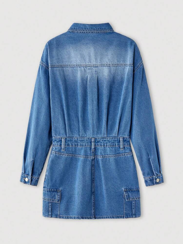 SHEIN Maija Women's Blue Denim Dress Long-Sleeved Shirt-Style Denim Short Dress Autumn Casual Denim Outfit Going Out Outfits