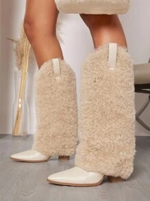 SHUZIA Fuzzy Knee High Boots - Khaki - View 5