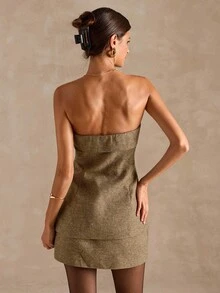 SHEIN BAE 女式纯色紧身胸衣上衣和迷你裙两件套 - 卡其色 - 查看 2
