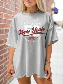 EMERY ROSE Plus Size Casual Loose Mid-Length T-Shirt With New York Slogan And Letter Print, Round Neck, Short/Long Sleeve - Grey - View 4