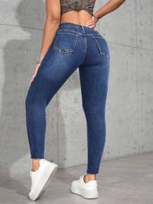 SHEIN PETITE Jeans ajustados informales y versátiles con bolsillos y desgaste para mujeres - Azul lavado oscuro - Ver 2