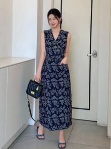 DAZY 女式花卉印花纹理 V 领无袖牛仔短款上衣和宽松长裙 2 件套休闲度假牛仔套装 - 深色水洗藍 - 查看 3