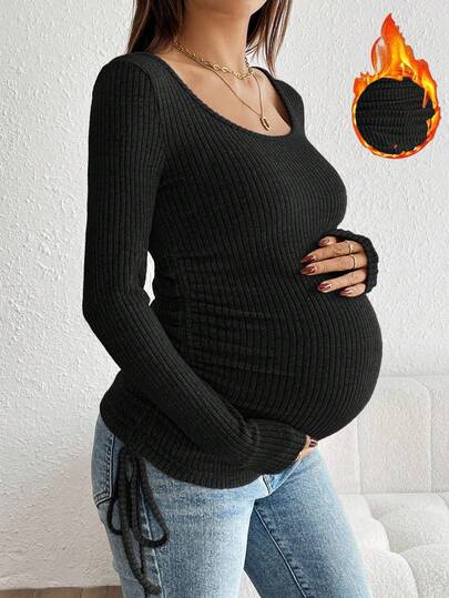 SHEIN Drawstring Ruched Maternity Crew Neck Long Sleeve Ribbed T-Shirt Pregnant Clothes Ribbed Maternity Top Maternity Top Pregnancy Shirts Maternity Shirts