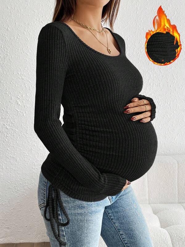 SHEIN Drawstring Ruched Maternity Crew Neck Long Sleeve Ribbed T-Shirt Pregnant Clothes Ribbed Maternity Top Maternity Top Pregnancy Shirts Maternity Shirts