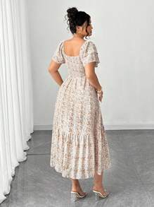 Rometta 大码度假/休闲碎花印花连衣裙，收腰超长女装 - 杏色 - 查看 7